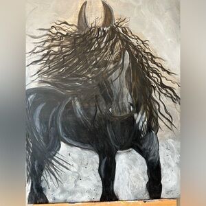 Acrylic Painting of a Black Stallion Dancing